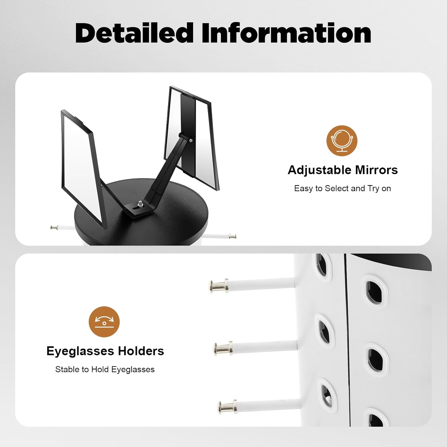 360° Rotating Glasses Display Stand 44 Pairs Sunglasses Storage Eyeglasses Holder Stand Sunglasses Display Rack with Mirror