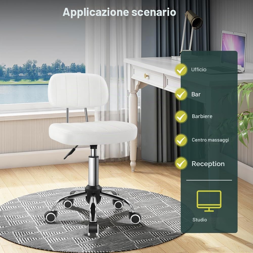 BFTOU Sgabello quadrato girevole su ruote, perfetto per lavoro, spa, negozi, massaggi, altezza regolabile e conveniente, sedia con schienale bianco