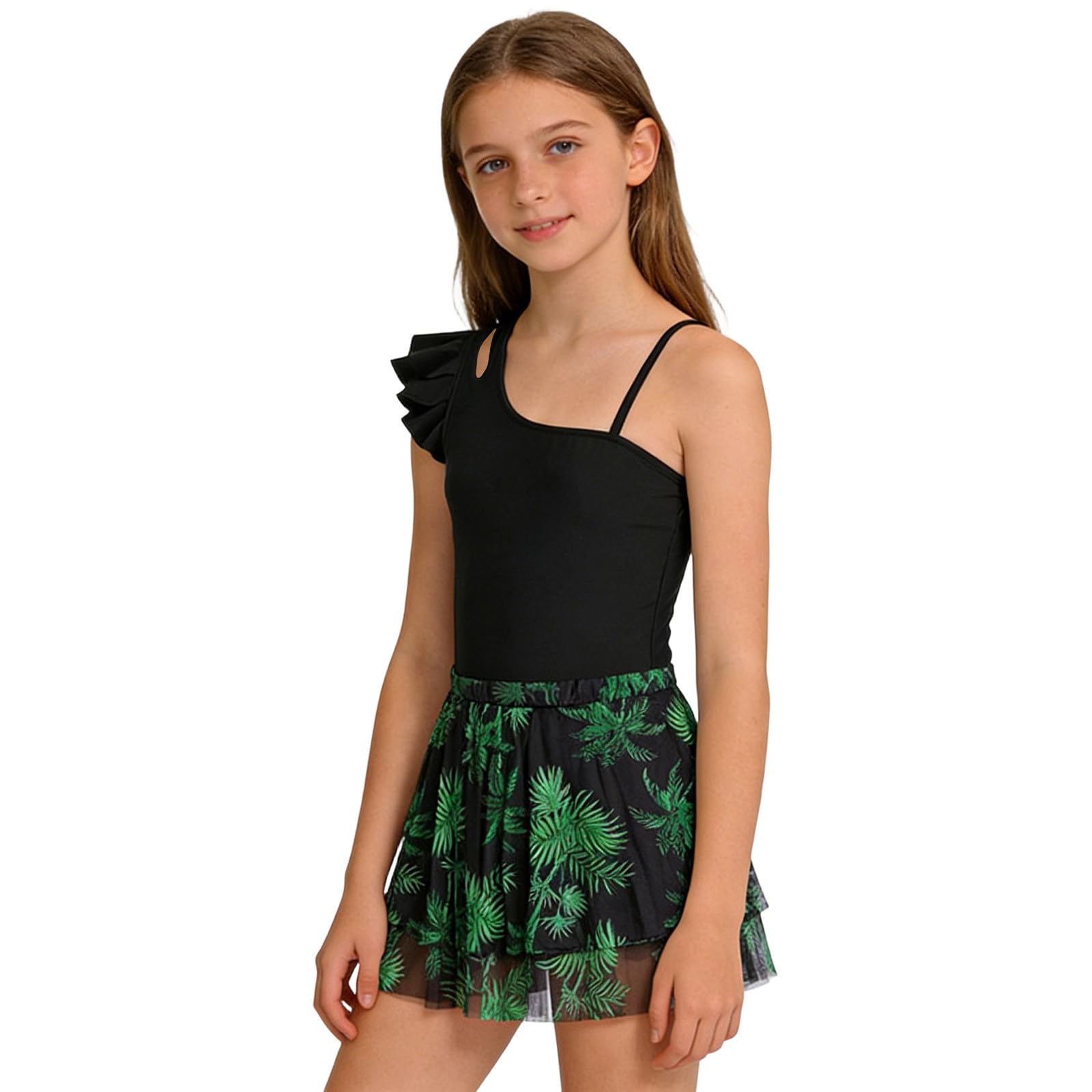 Mädchen Badeanzug Set 2-teilig Sport Schwimmanzug Kinder Einteiliger Bademode Quick-Dry Swimsuit mit Mesh Rock Tropischem Muster und Passendem Rock Bademode für Kinder 6-16 Jahre