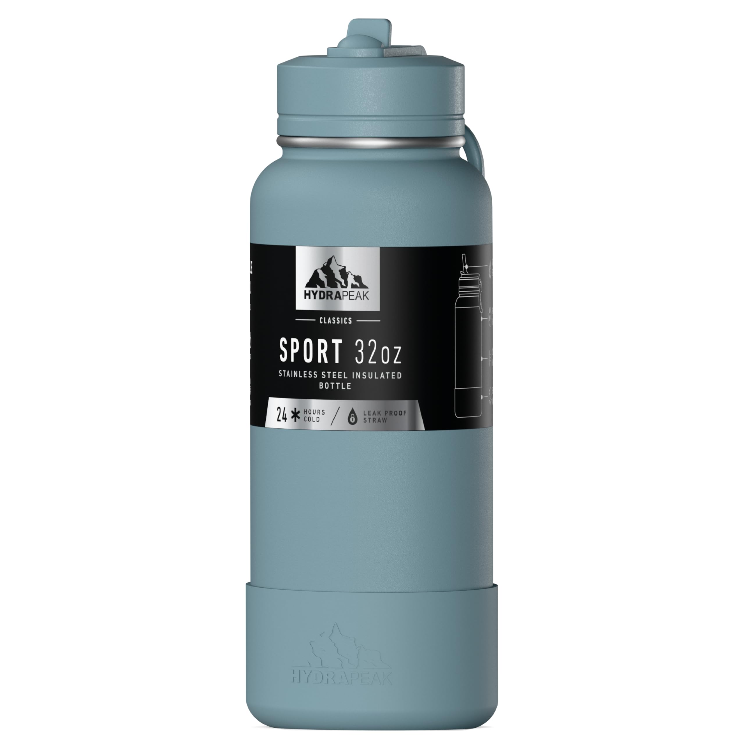 Hydrapeak 32oz Sport Insulated Water Bottle with Straw or Chug Lid, Leak & Spill Proof, Keeps Drinks Cold for 24 Hours, Hot for 12 Hours, Premium Stainless Steel Water Bottles (32oz, Agave Blue)