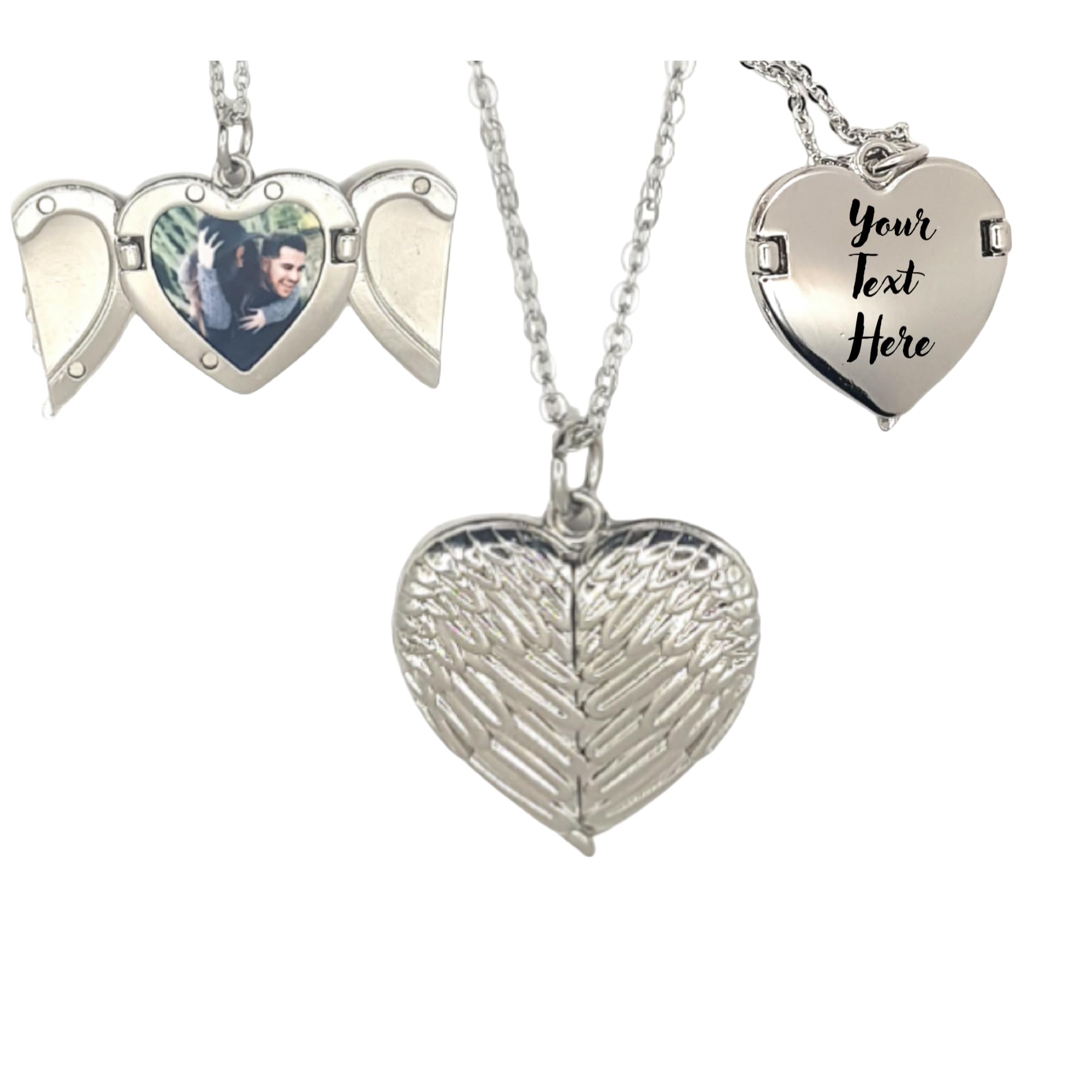 Personalised Engraved Photo Locket Necklace - Silver Heart - Angel Wings