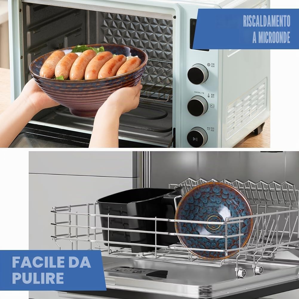 Tazze ramen in ceramica da 1200 ml, 20 cm, per servire, con bacchette e cucchiai adatte per microonde, lavastoviglie e forno (stile coda di pavone)