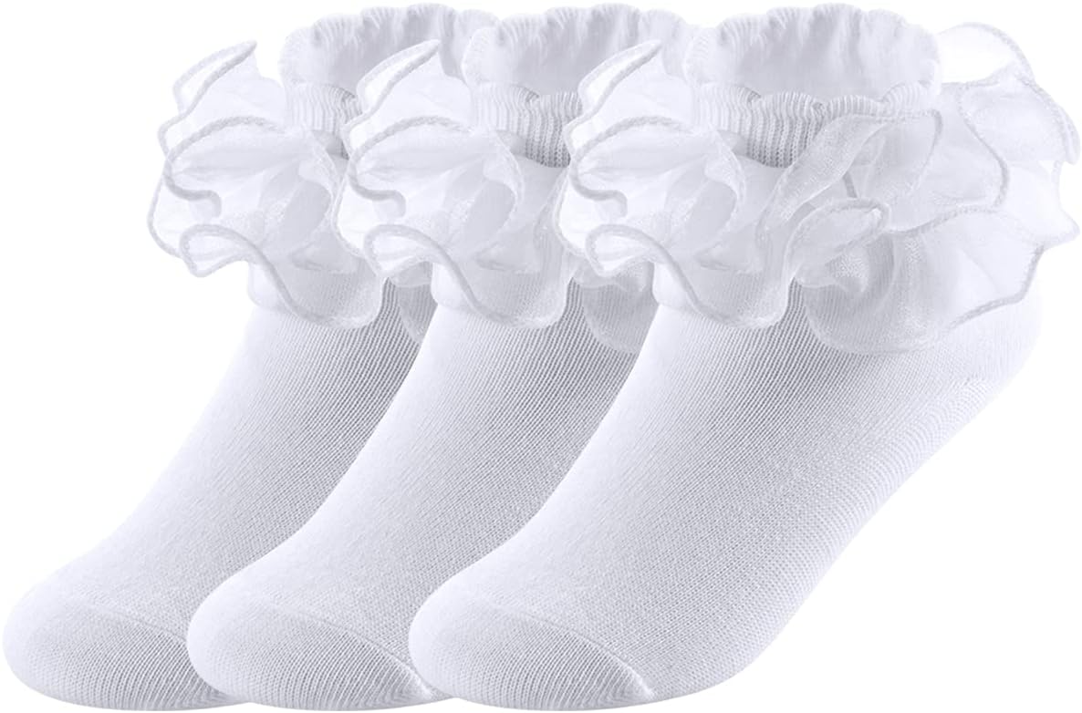 YepamiBig Girls Lace Socks Shimmering Cute Ruffle Comfortable Frilly Dress Ankle Socks 3 Pairs