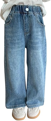 Baggy Straight Jeans for Kids Girls Washed Wide Leg Elastic Waist Denim Pants Youth Girls Loose Casual Trousers(Blue,13-14 Years)
