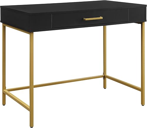 OSP Home Furnishings Modern Life - Escritorio contemporáneo con cajón grande y patas de metal dorado, acabado negro Acabado negro,Acabado blanco