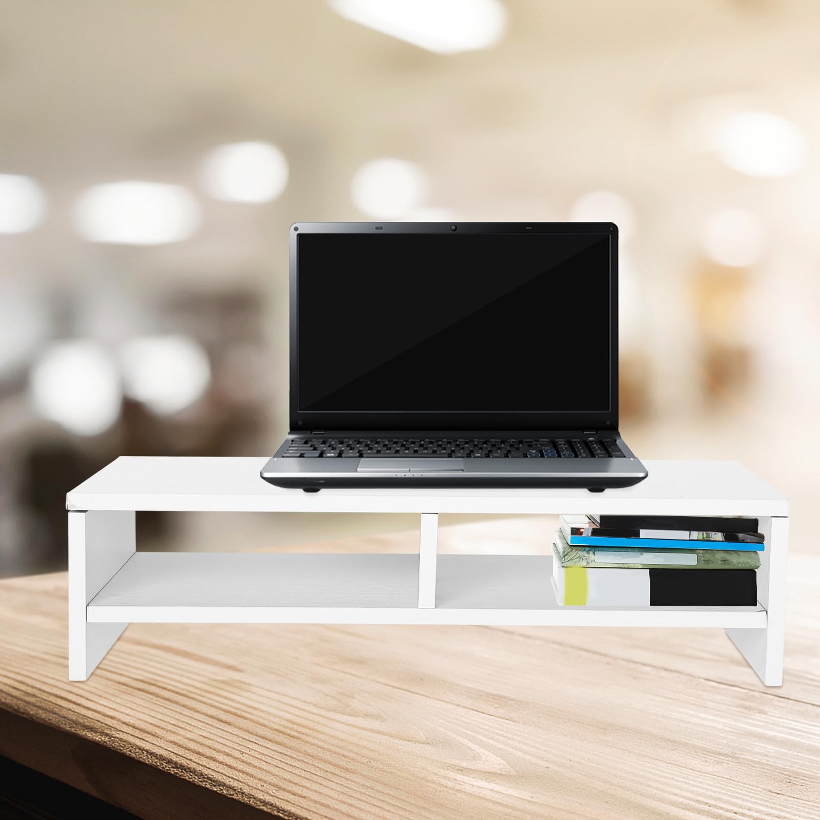 Hemobllo Supporto per Monitor da Scrivania in Legno Doppio Ripiano, Rialzo Organizzatore per Ufficio, Massimizza Spazio e Ordine sulla Scrivania