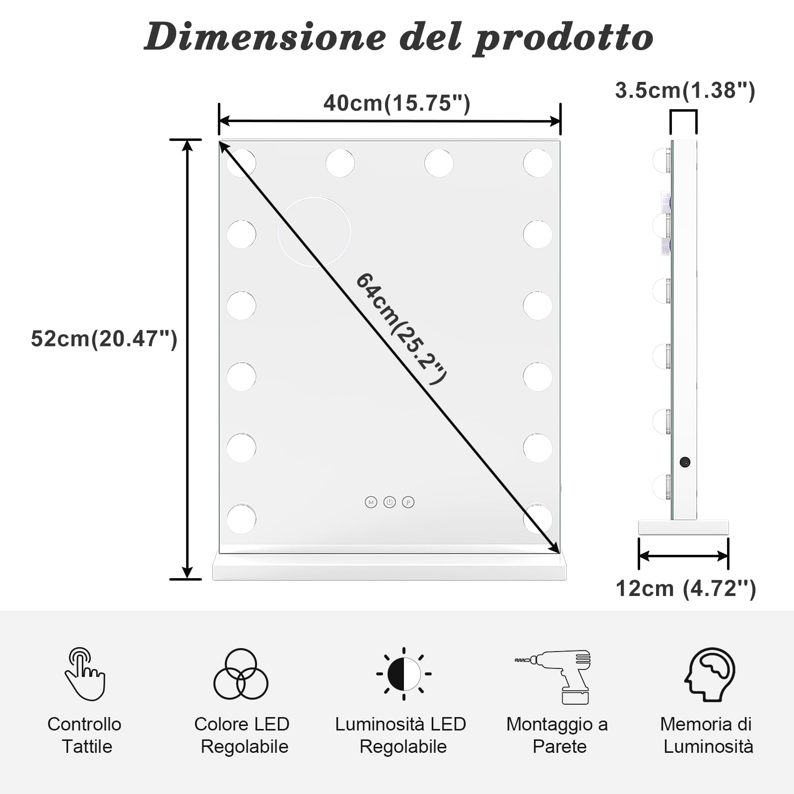 Moziel 40x52cm Specchio da Trucco con Luci, Specchio Hollywood da Tavolo o da Parete con Lampadine a 14 Led Tre Colori di Luce e Funzione di Luminosità Regolabile