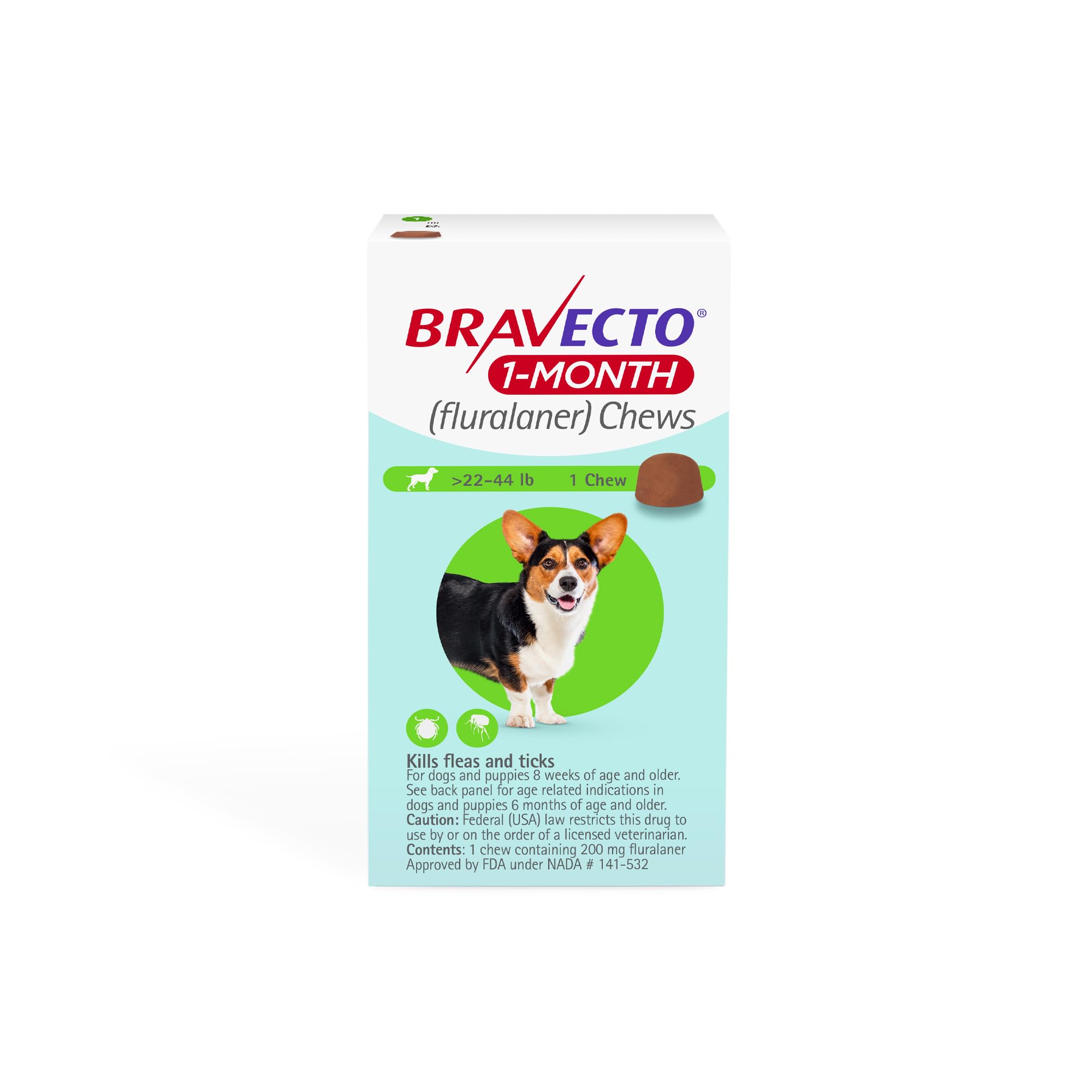 BRAVECTO 1-Month Flea & Tick Chew for Puppies, 1 Chew, 1 Month Supply, >22-44 lbs., Green Box