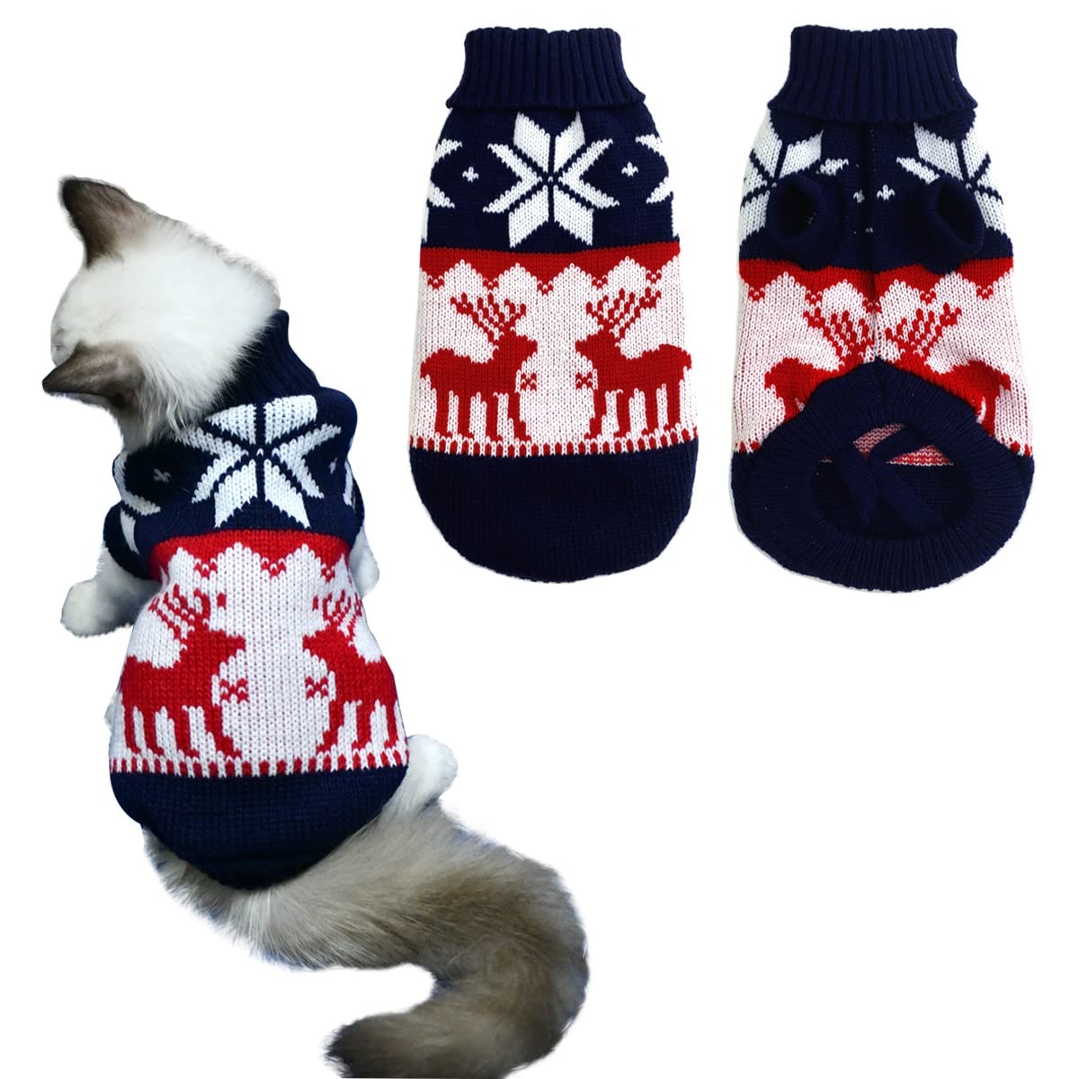 Vehomy Pet Puppy Christmas Sweater Cat Winter Knitwear Xmas Clothes Navy Blue Sweater with Reindeers Snowflakes Pattern Dog Warm Argyle Sweater Coat