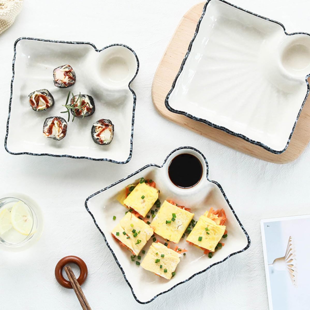 Gadpiparty Lot Vaisselle 2 Pièces Assiettes en Céramique Blanc pour Sushis et Plats Asiatiques avec Bol à Sauce