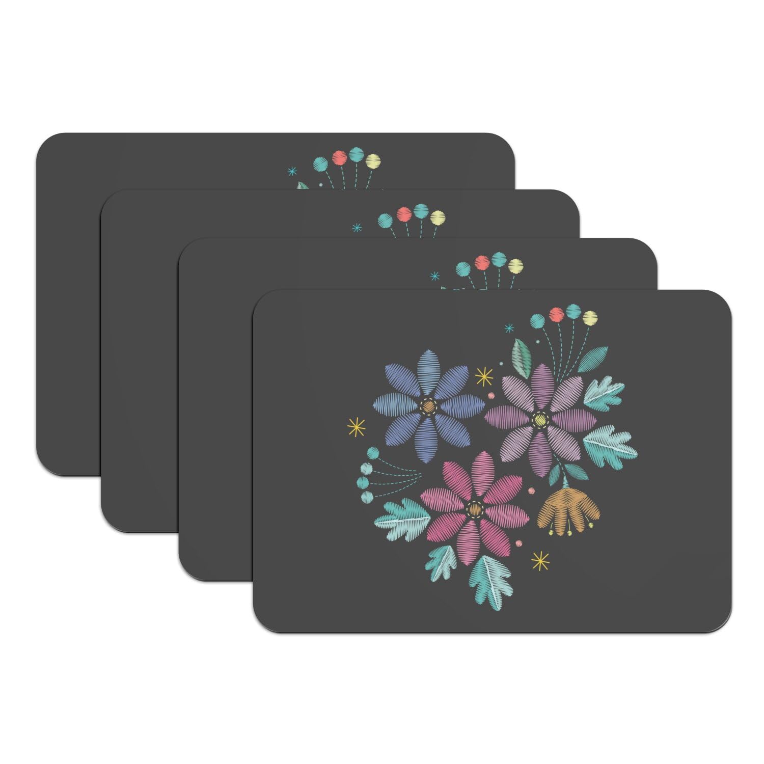 Set de table en caoutchouc noir illustration fleurs fait main haut de gamme