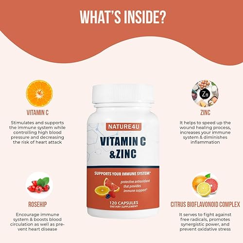 Miniatura 3 de Vitamina C 1000 mg con zinc, rosa HIPS y bioflavonoides cítricos, suplemento de apoyo inmunológico Protección antioxidantes, 120 cápsulas