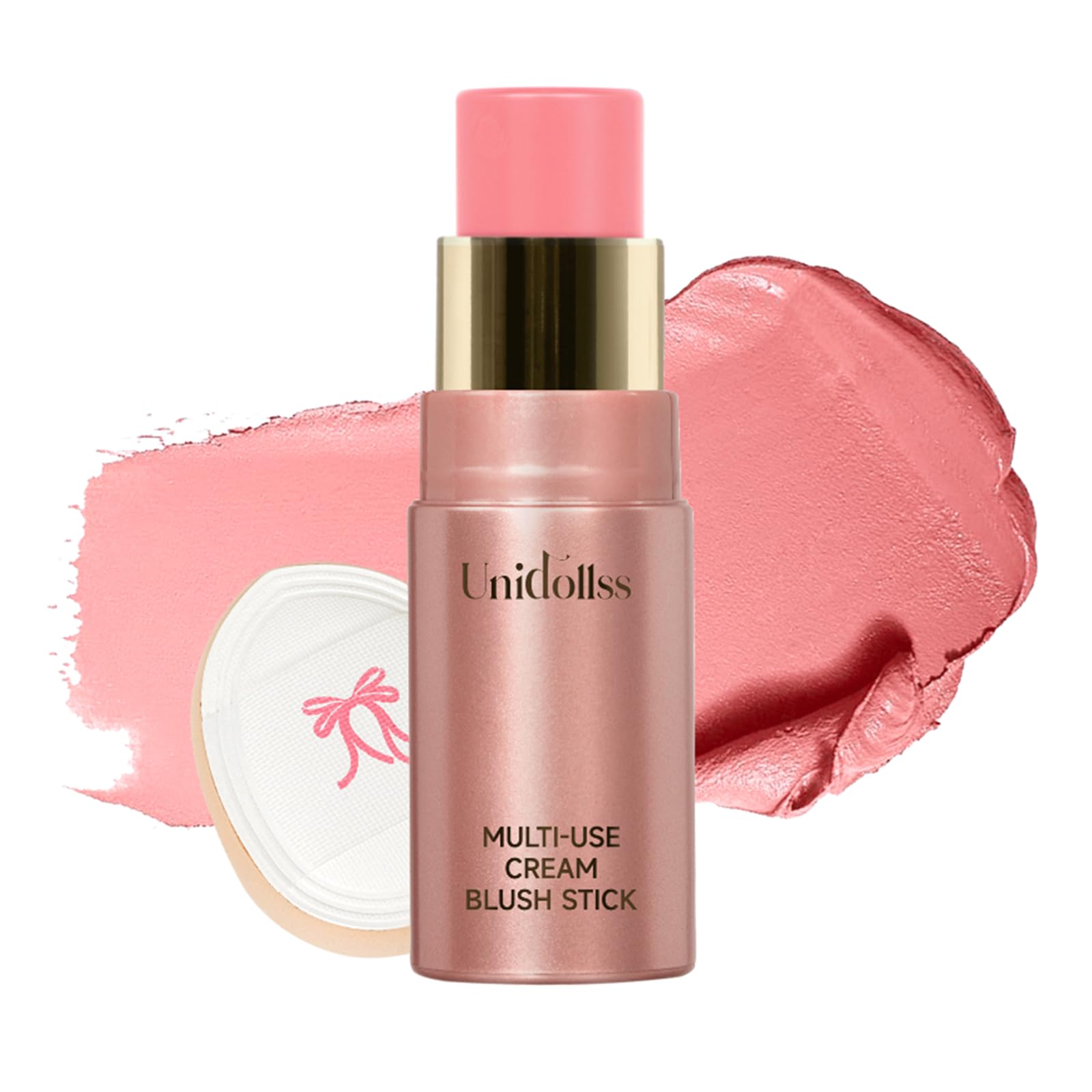 Multi-Use Makeup Cream Blush Stick, Unidollss 3-in-1 Buildable Blush Stick for Cheeks, Eyes, and Lips, Hydrating formula, All day wear, Easy Application with Thumb Puff Included (01 WHISPER)