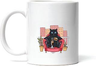 Cat Eating Burger Balcony Illustration Gift for Pet Lovers 11oz 15oz White Coffee Mug