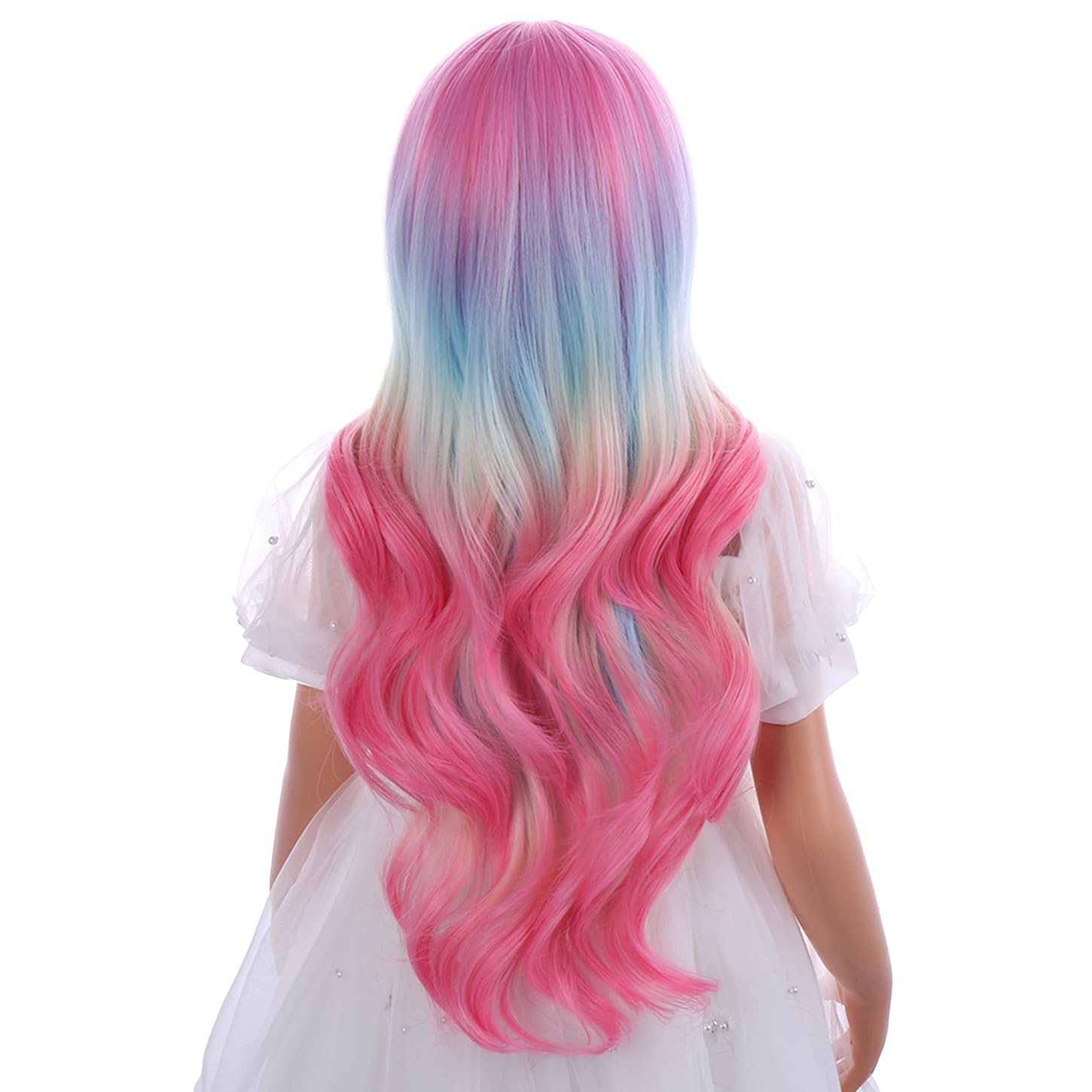 Kid Colorful Wig Long Rainbow Wig for Girls Children Multi-color Wavy Curly Middle Part Wigs Include Wigs Cap