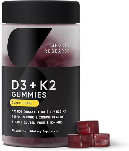 Sports Research® Vegan Vitamin D3 + K2 Gummy Supplements - 5000iu Vitamin D with 100mcg Mk7 Vitamin K - Supports Calcium for Stronger Bones & Immune Health - 60 Gummies for Adults, for Women, 1 Month