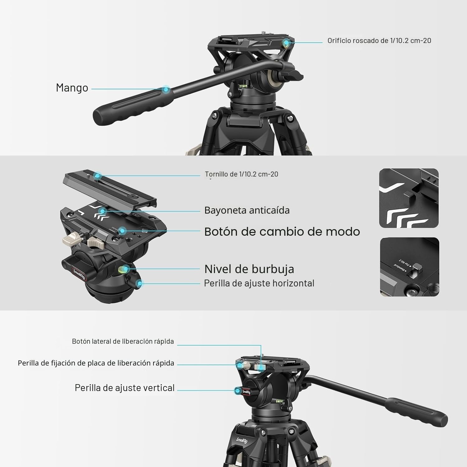 SMALLRIG 73" Trípode de Vídeo on Amortiguación Ajustable, Placa QR de Modo Dual para DJI RS 2 / RS 3 / RS 3 Pro / RS4 / RS4 Pro Gimbals y para MFT, Placa QR, Carga Máxima 17.6Lbs/8kg - 3751B