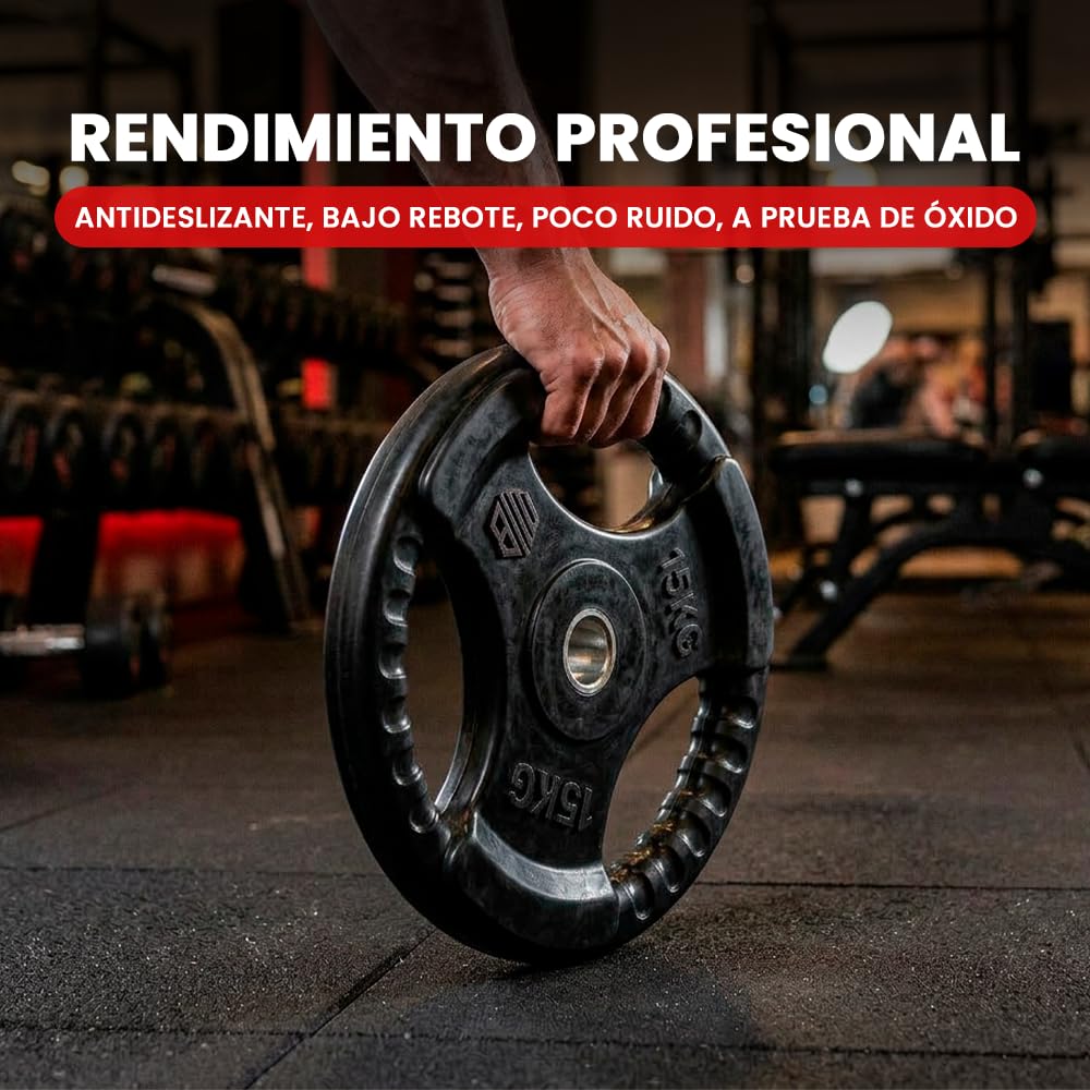 ManiBoom Discos Pesas Hierro ENGOMADO 30mm y 50mm Olimpica con Anillo Interior de Acero y Triple Agarre ERGONOMICO - Disco para Barra o Mancuernas 2,5kg, 5kg, 10kg, 15kg, 20kg
