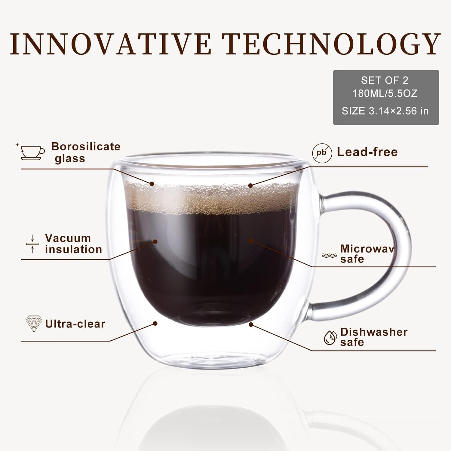 PARACITY Double Wall Glass Espresso Cups and Clear Coffee Mugs, Set of 2