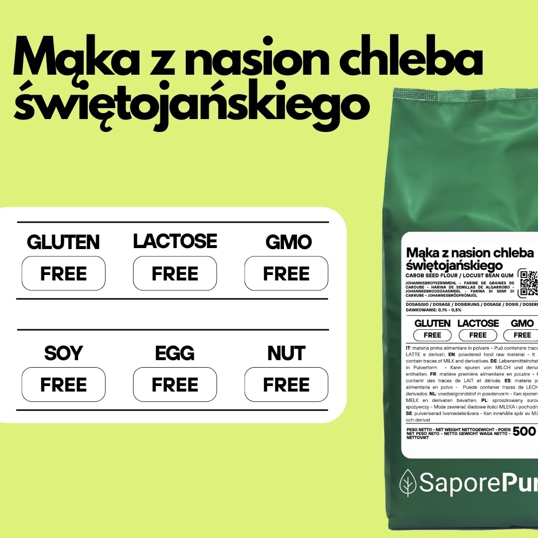 Saporepuro Mączka z nasion chleba świętojańskiego 500 g – BEZGLUTENOWA – 100% czysty naturalny zagęstnik i środek żelujący – Idealna do lodów, sorbetów, deserów i sosów