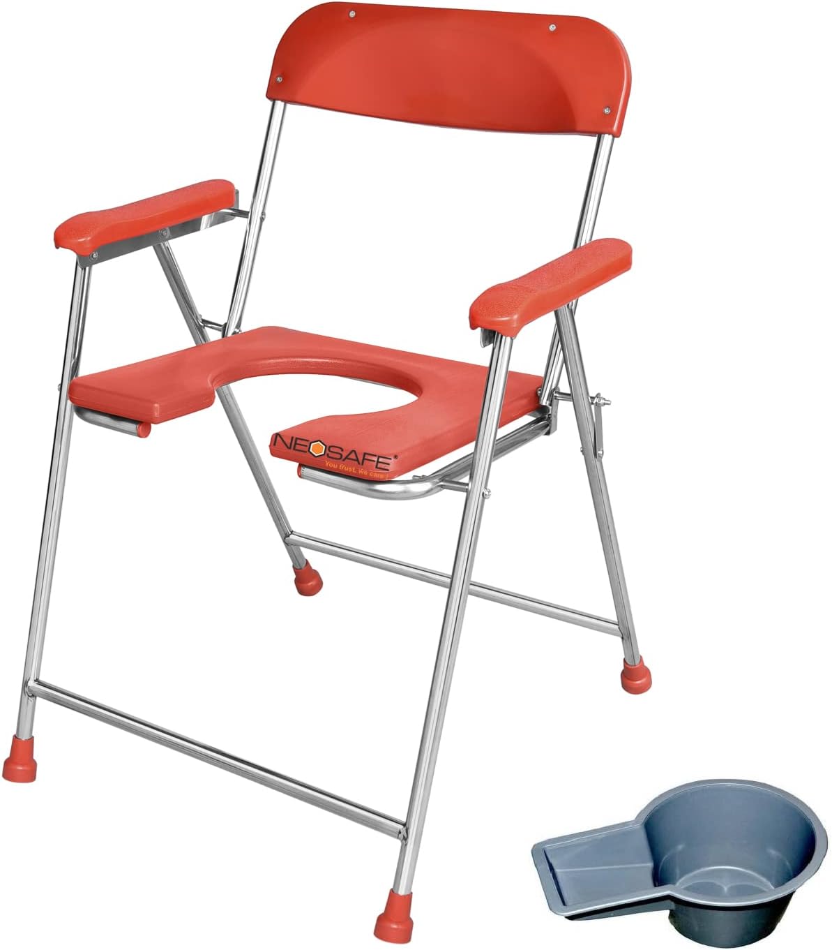 NEOSAFE Premium Folding Stainless Steel Shower Bathing Room Mobile Commode Chair Indian Toilet Seat For Elderly Disabled man And Pregant Women Support Safe Chair Anti-Slip (Red)