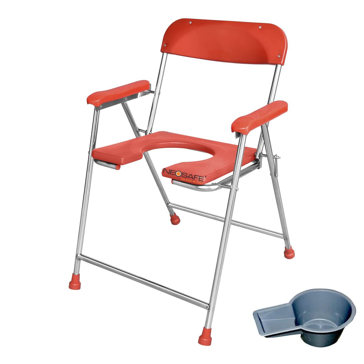 NEOSAFE Premium Folding Stainless Steel Shower Bathing Room Mobile Commode Chair Indian Toilet Seat For Elderly Disabled man And Pregant Women Support Safe Chair Anti-Slip (Red)