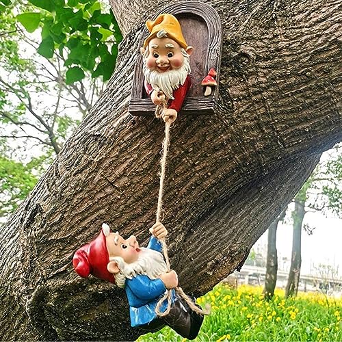 Resin Elves Statue,Dwarf Climbing Garden Sculpture,Gnome Tree Hugger Decor