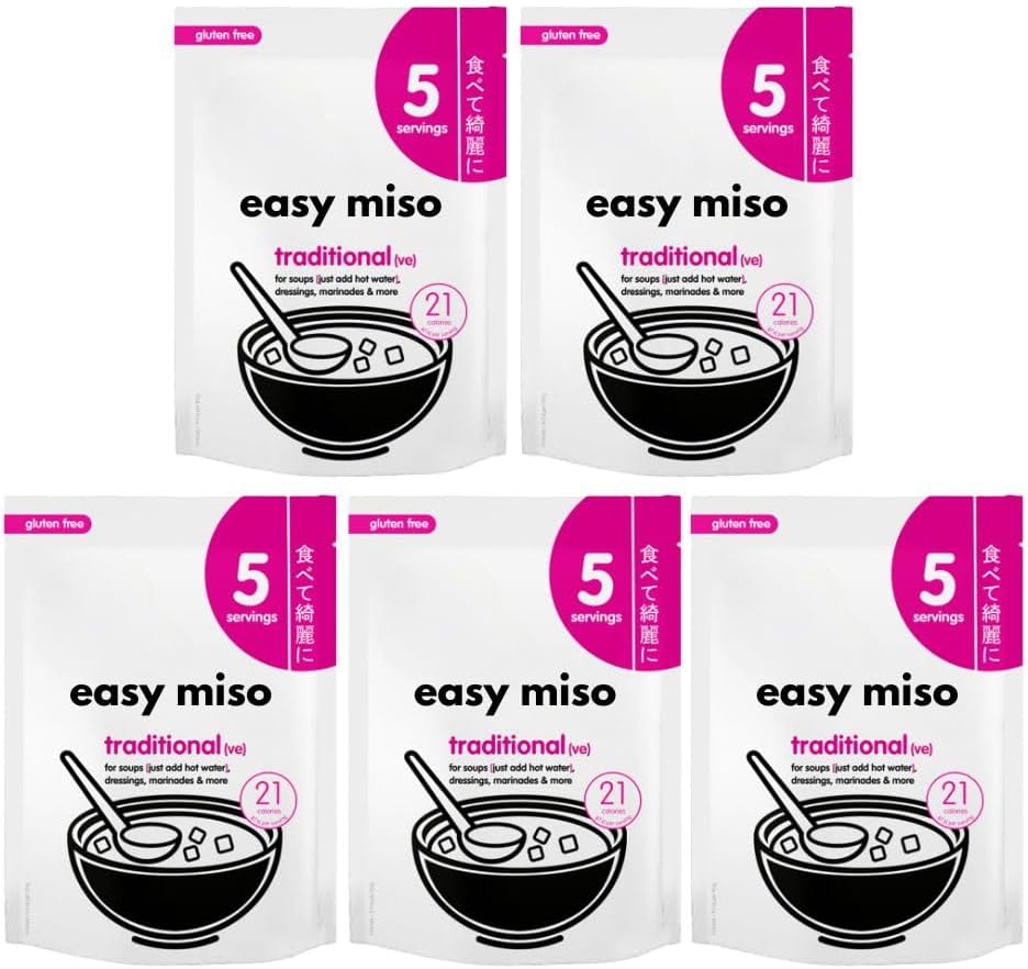 Traditional Miso Easy Soup Paste 105g (5sachets) Pack of 5, Compatible with Itsu Gyoza, Vegan Instant Protein Soy Bean Broth Dressing Marinade Seasoning with Welari Thank You Card | (5pack) (525g)