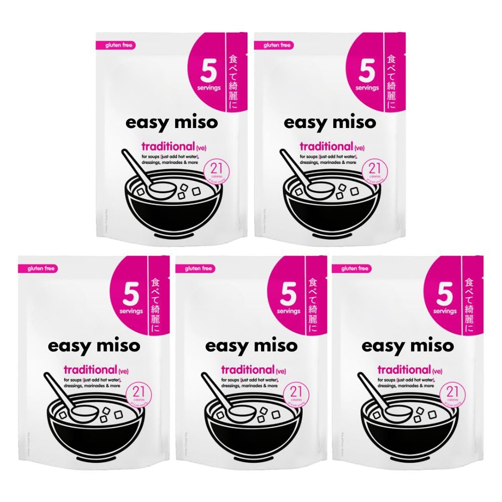 Traditional Miso Easy Soup Paste 105g (5sachets) Pack of 5, Compatible with Itsu Gyoza, Vegan Instant Protein Soy Bean Broth Dressing Marinade Seasoning with Welari Thank You Card | (5pack) (525g)