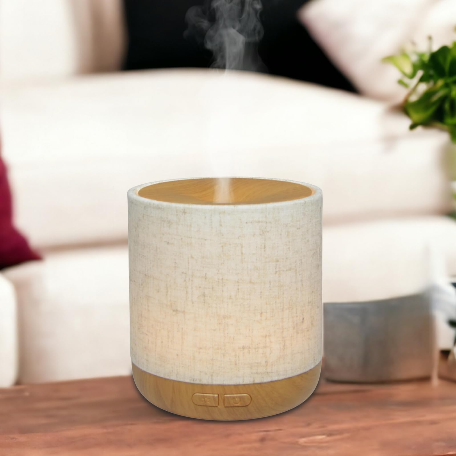 Zen'Aroma Difusor ultrasónico Alesia - Difusión de Aceite Esencial en frío Aromaterapia - Diseño Original, Carcasa de Lona de Lino y Revestimiento de Color Madera - difusión + iluminación