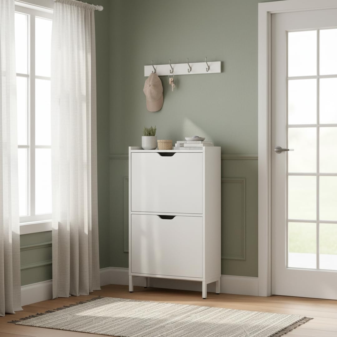 Bellamio Ceyhan Schuhschrank mit 2 Klappen – Schuhkipper weiß aus Holz – Schuhregal schmal 50x19x90cm – platzsparender Flurschrank mit 2 geschlossenen Fächern – Schuhkommode für Flur/Garderobe