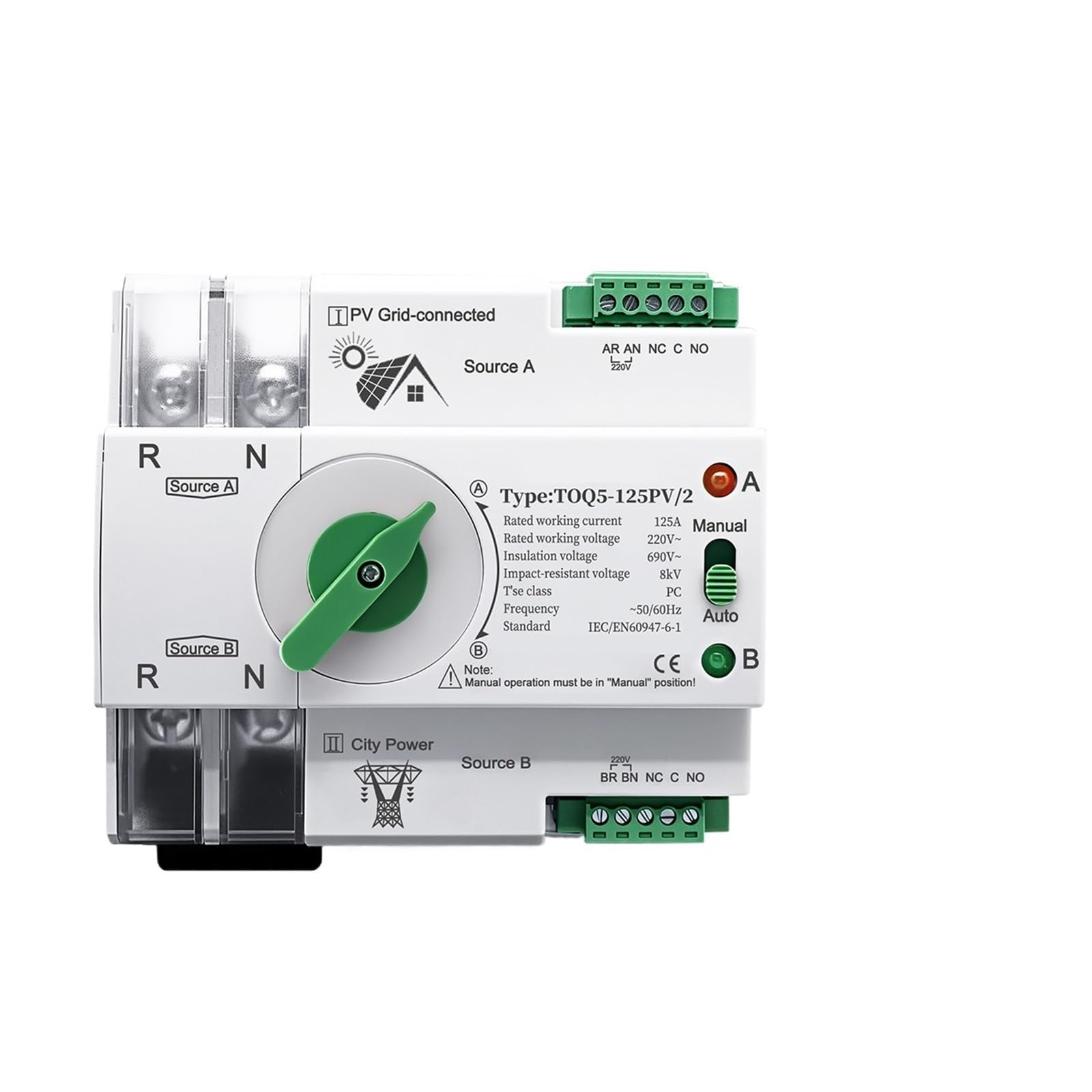 Interruptor de alimentación dual monofásico ATS 2P 63-125A | Interruptor ininterrumpido del Selector de transferencia de potencia Dual ATS 2P 63A/100A/125A de carril Din monofásico(100A)
