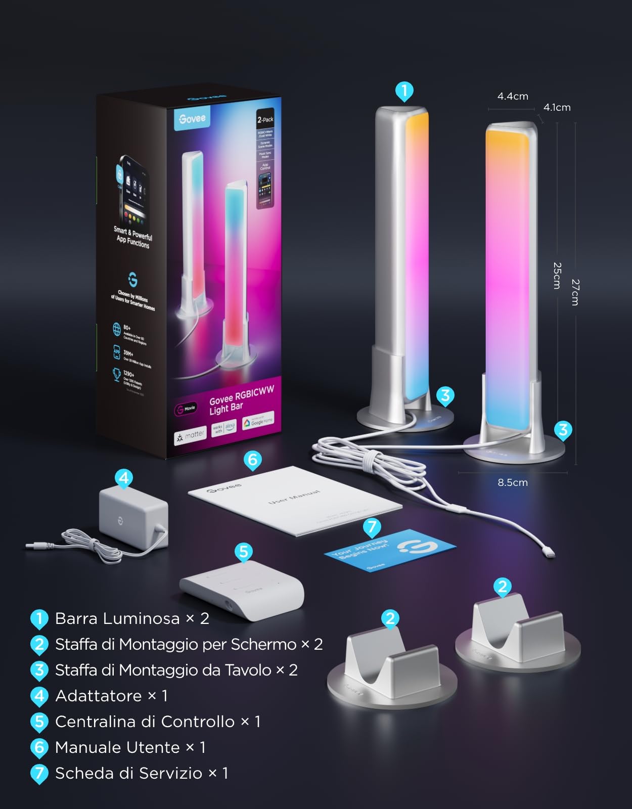 Govee Barre Luminose a LED Intelligenti, Retroilluminazione RGBICWW per TV | 64 Modalità Scena per Atmosfera, Giochi , Sincronizzazione Musicale, Compatibili con Alexa, Matter e Google Assistant,Argento