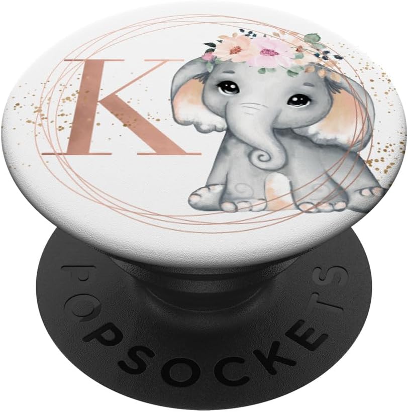 Elephant White With Blush Pink Flowers Cute Letter K PopSockets PopGrip: Swappable Grip for Phones & Tablets PopSockets MagSafe PopGrip for iPhone