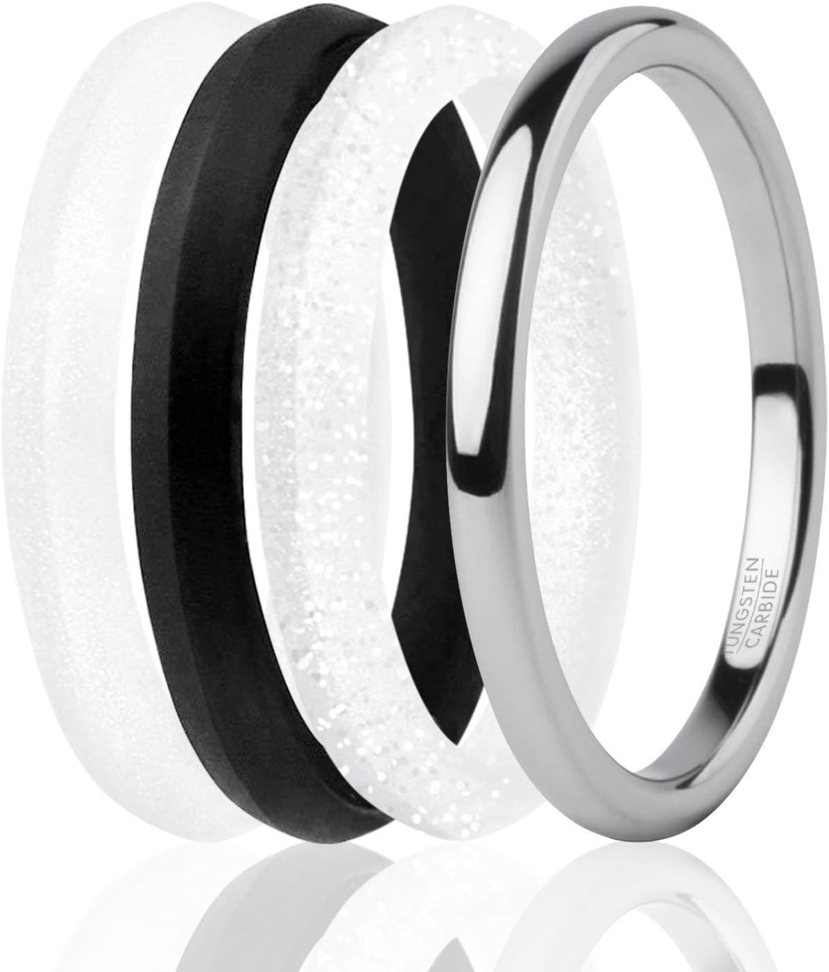 ROQ Silicone Rubber Wedding Ring for Women, Rubber Silicone Wedding Band, Bridal Jewelry Set, Anniversary Rings, Promise Ring, Tungsten Carbide & Classic Stackable Silicone Ring Set, 2mm Wide 2mm Thick, 4 Pack, Multi Colors