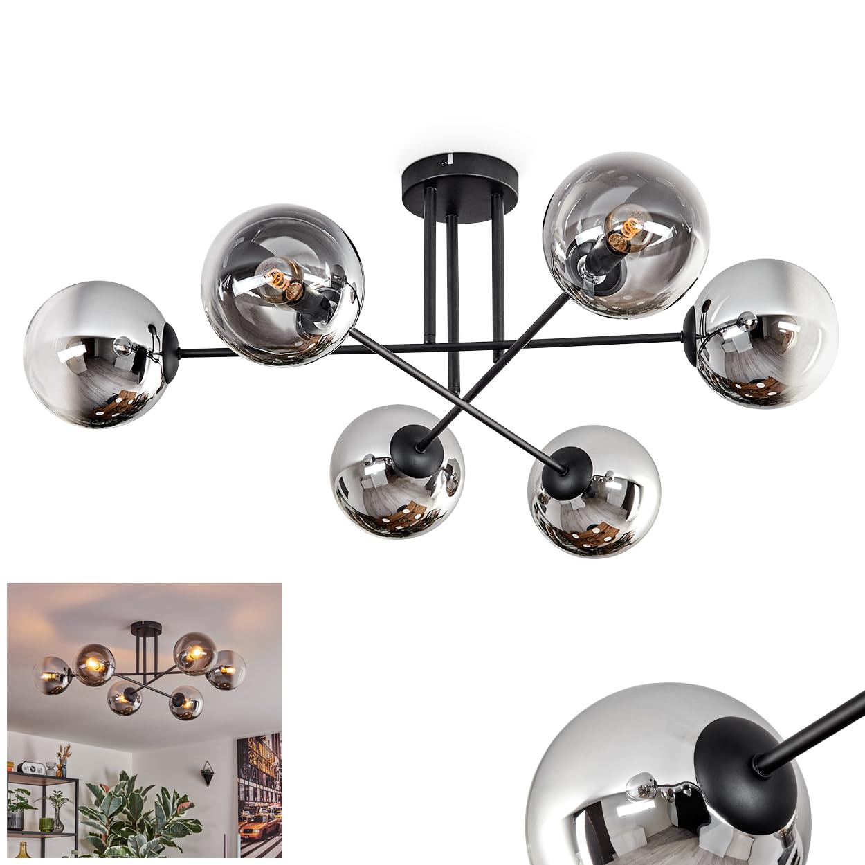 Hofstein Light/Black Gastor Ceiling Ceiling Lamp Made Of Metal/Glass In Black/Chrome/Smoke/Clear, Luminaire In A Modern Retro/Vintage Design With Glass Shades (Ø 15Cm), 6 X E14, Without Source