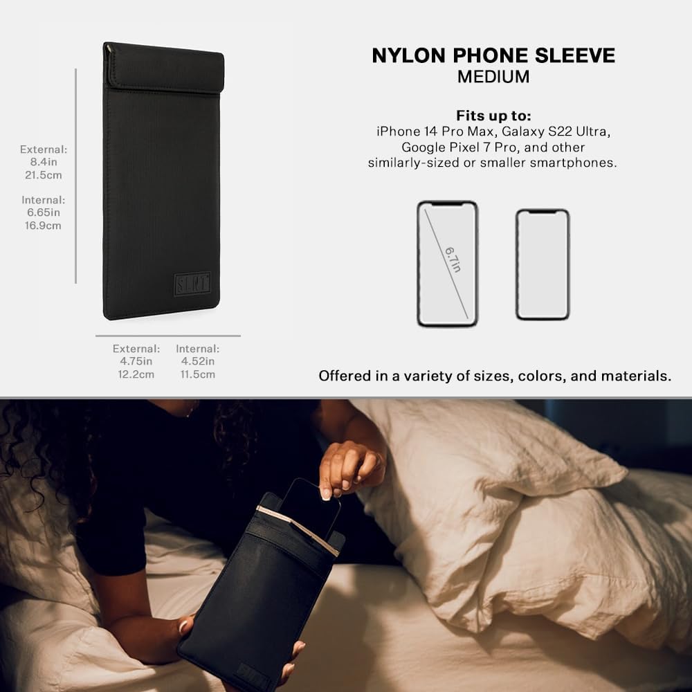 Silent Pocket SLNT Faraday Bag Smartphone Sleeve Leather or Weatherproof Nylon, Signal Blocking Device Shielding for iPhone, Galaxy, Most Phones, Privacy, Anti-Hacking (Black Nylon, Medium)