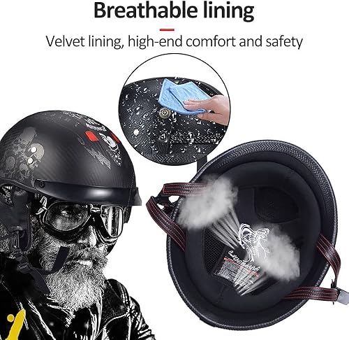 Miniatura 4 de Casco de media cara de cuero alemán para motocicleta, aprobado por DOT, casco de media carcasa + gafas, casco retro con hebilla ajustable de