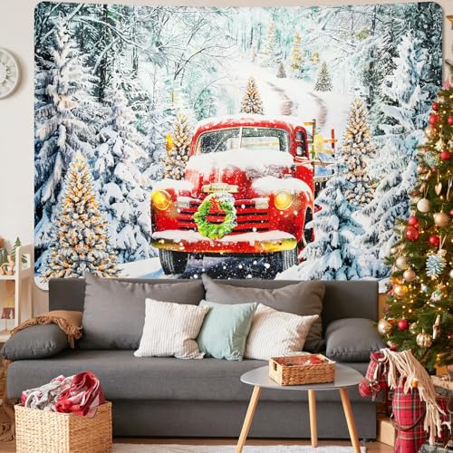 Uspring Christmas Wall Decor Retro Red Truck Tapestry Xmas Tree Backdrop Winter Snow Tapestries Christmas Wreath Wall Hanging For Indoor Holidays Decoration  cover