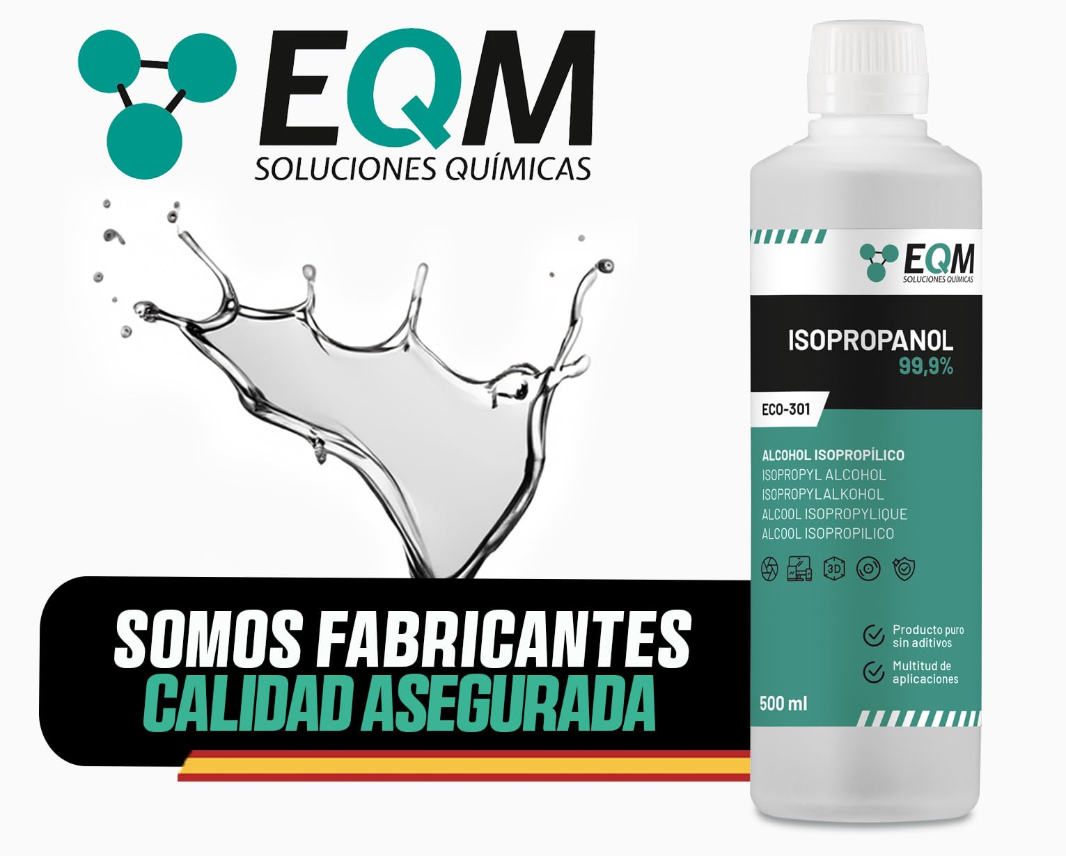 EQM - ECO-301 - Alcohol Isopropílico 99,9% - 500 ML - Isopropanol - Limpieza componentes electrónicos, objetivos y pantallas - Limpieza de resinas en impresión 3D - Limpiacristales y desengrasante