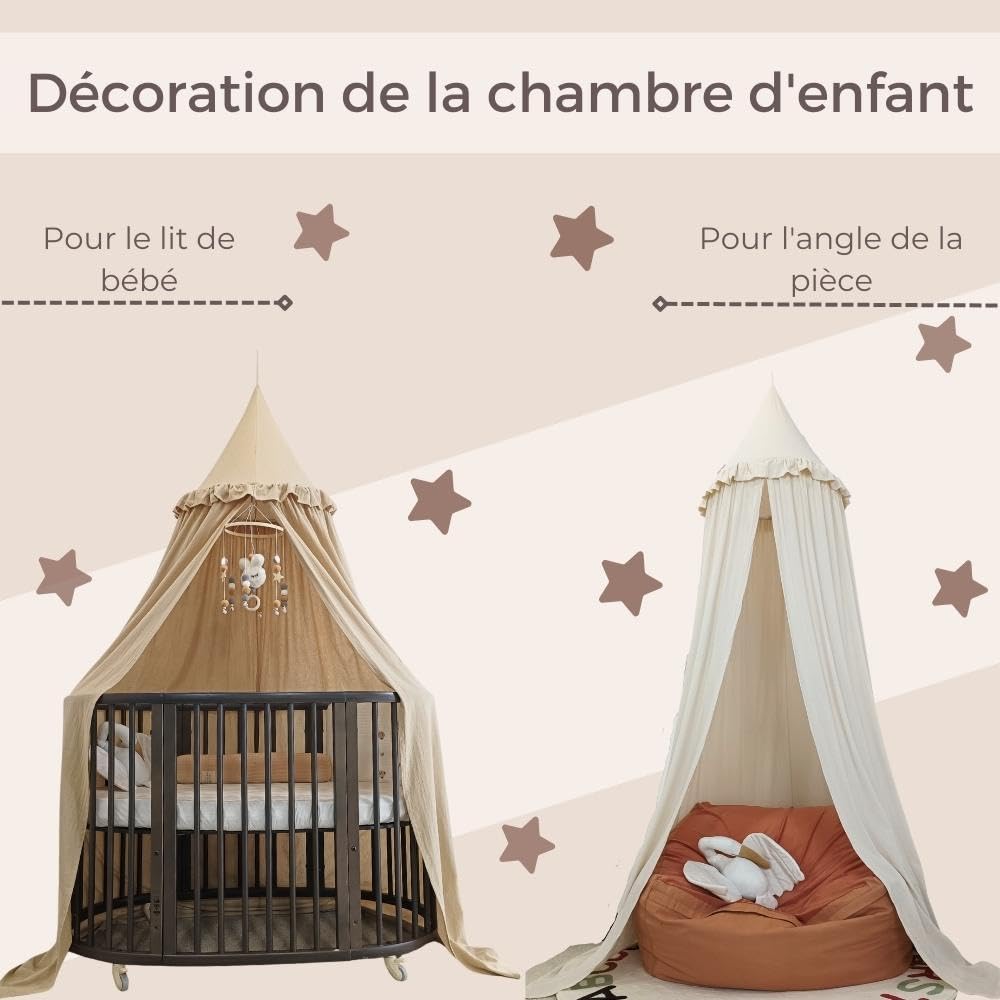 Wonder Space Ciel de Lit avec Volants pour Enfants, Couleur Neutre Pastel, Frills Tente en Coton, Salle de Pépinière et Rideau de Lit Bébé Suspendu, Moustiquaire Décoratif Coin Lecture (Marron Clair)