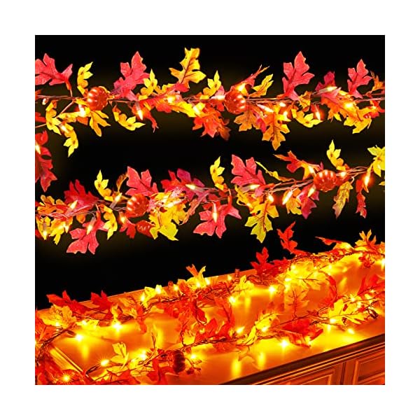 Thanksgiving Decorations Lighted Fall Garland, 35 Orange Bulbs Plug in Maple Leaves String Lights with Pumpkins, Connectable Fall Decor for Home Indoor Outdoor Halloween, Thanksgiving Decorations