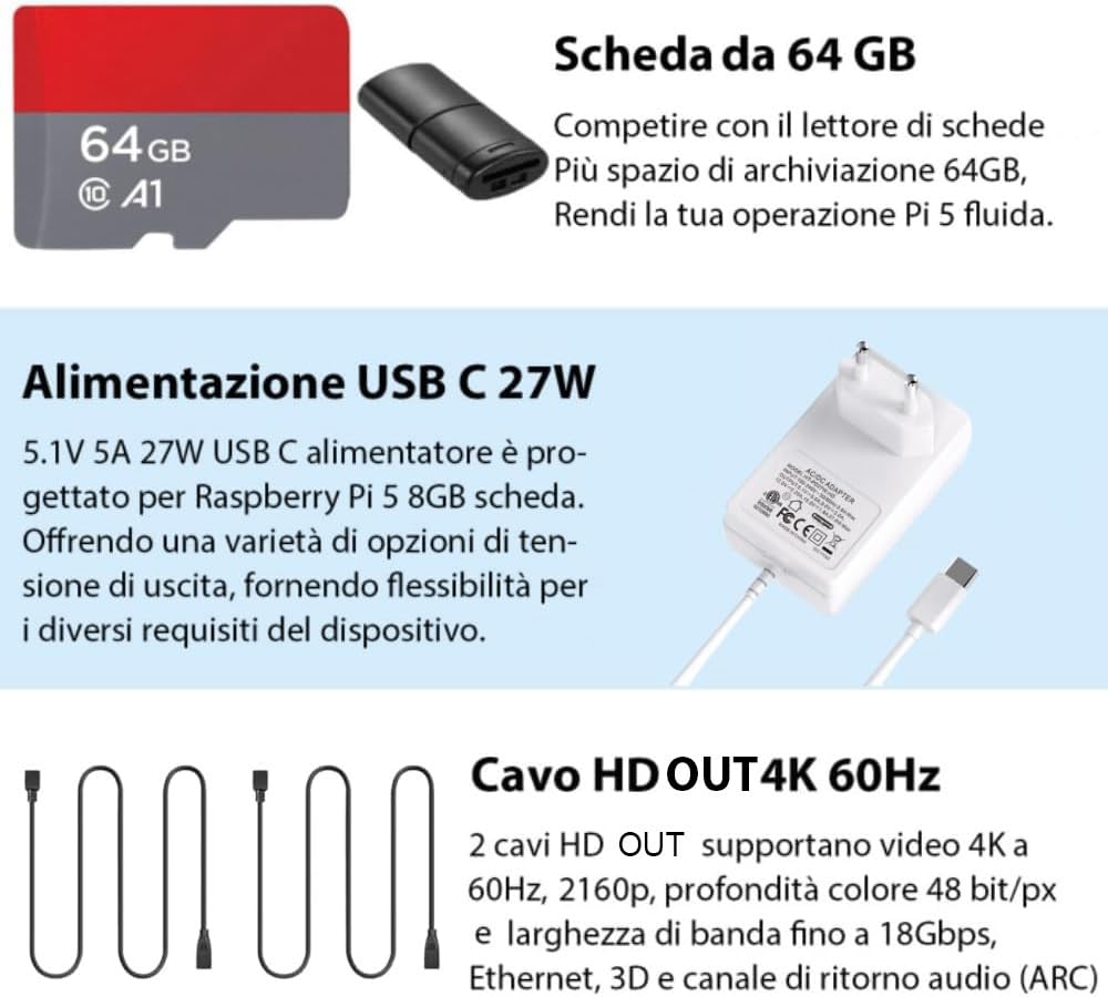 Vemico Raspberry Pi 5 8GB Starter Kit Tarjeta 64GB Pi 5 Carcasa con Active Cooler Fuente de alimentación 27W 5.1V5A USB-C 2 HD out Cables USB Lector de Tarjetas Adaptadores de Tarjetas - 2