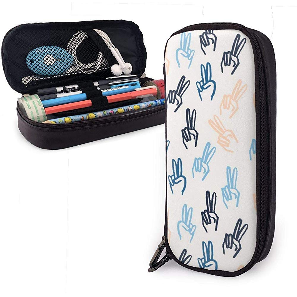 Victory Sign Cute Pen Pencil Case Leather Pencil Pouch Bag Pen Holder Box for School Office Girls Boys Adults