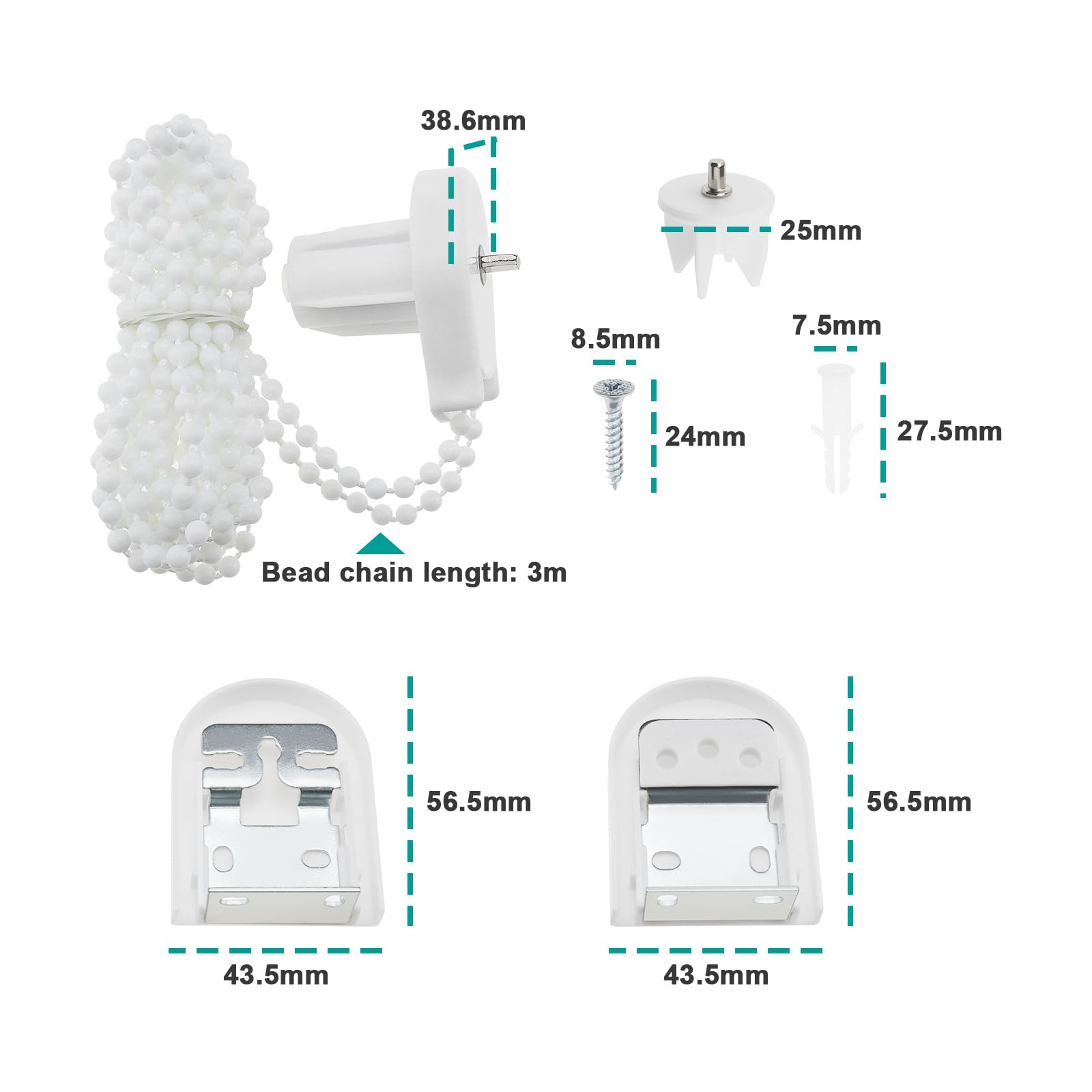ECSiNG Zestaw naprawczy do rolet 25mm, plastikowa klamra do rolety, złącze do rolety, koraliki, łańcuch, akcesoria do rolet 25mm, biały