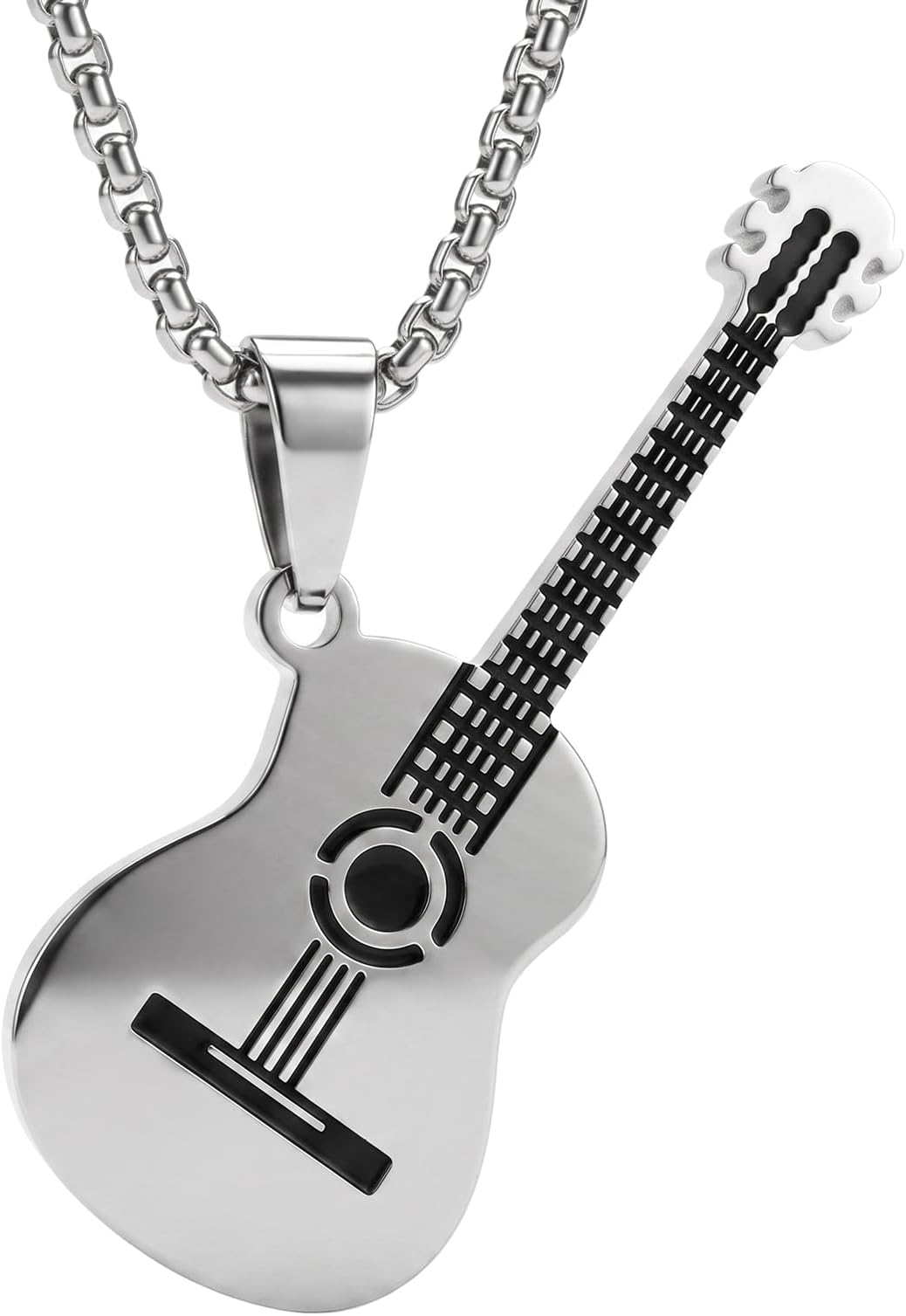 Punk Rock Music Style Titanium Steel Guitar Pendant Necklace,24inches Box Chain