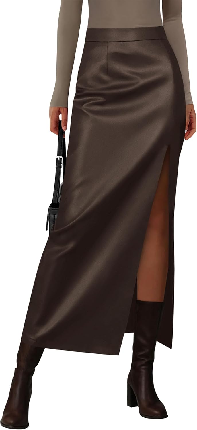 PRETTYGARDEN Womens Faux Leather Skirts 2026 Fall Fashion Bodycon High Waisted Slit Work Office Winter Maxi Long Pencil Skirt