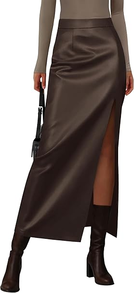 PRETTYGARDEN Womens Faux Leather Skirts 2025 Fall Fashion Bodycon High Waisted Slit Work Office Winter Maxi Long Pencil Skirt