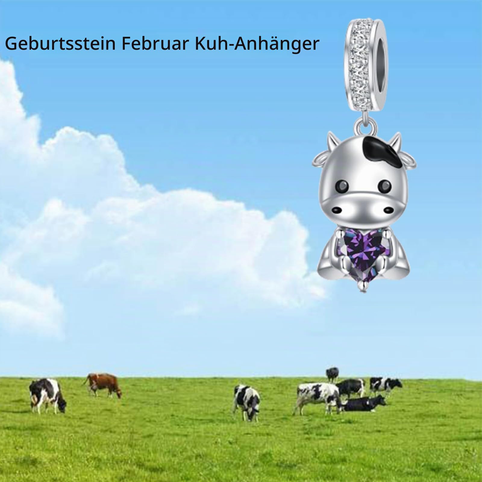 ROMANTICWORK Kuh Charm aus 925er Sterlingsilber, Geburtsstein für 1–12 Monate, Kuh Charm für Kuh Armbänder, Kuh Perle, Kuh Schmuck für Frauen, Kuh Liebhaber