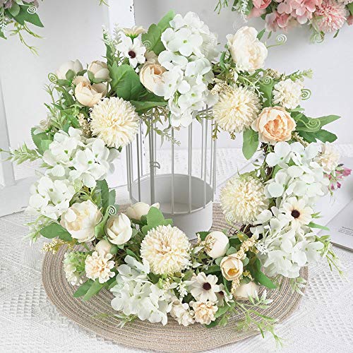 春のリース 緑の葉のシルク牡丹リース、玄関ドア用の人工アジサイと牡丹の花のリース、結婚式の壁の家の装飾用のウェルカムフロントドアリース(シャンパンホワイト)